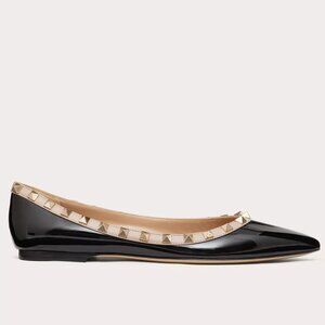 Valentino Black Patent Rockstud Pointed Toe Flats with Nude Trim